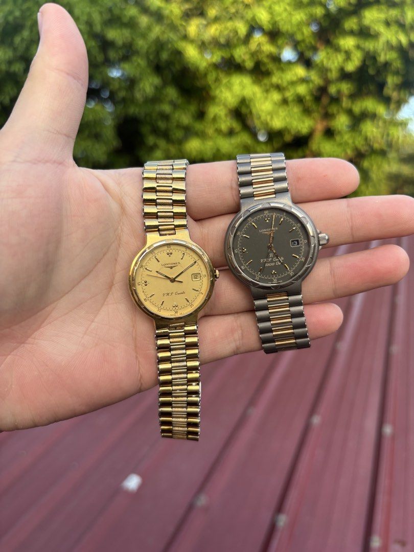Longines Conquest Two set Gold and titanium VHP model (Category: Luxury Watches) located in Manila. Submitted by maxxxxxxxxxxxx (Listing ID 1470292088, Image 2). Description: For sale Authentic Longines Conquest Gold tone running with patina and replaced crown but running good Titanium model very rare running With issue minute setter not working need repair but works Small wrist size as well Good for repair and resell Selling cheap.