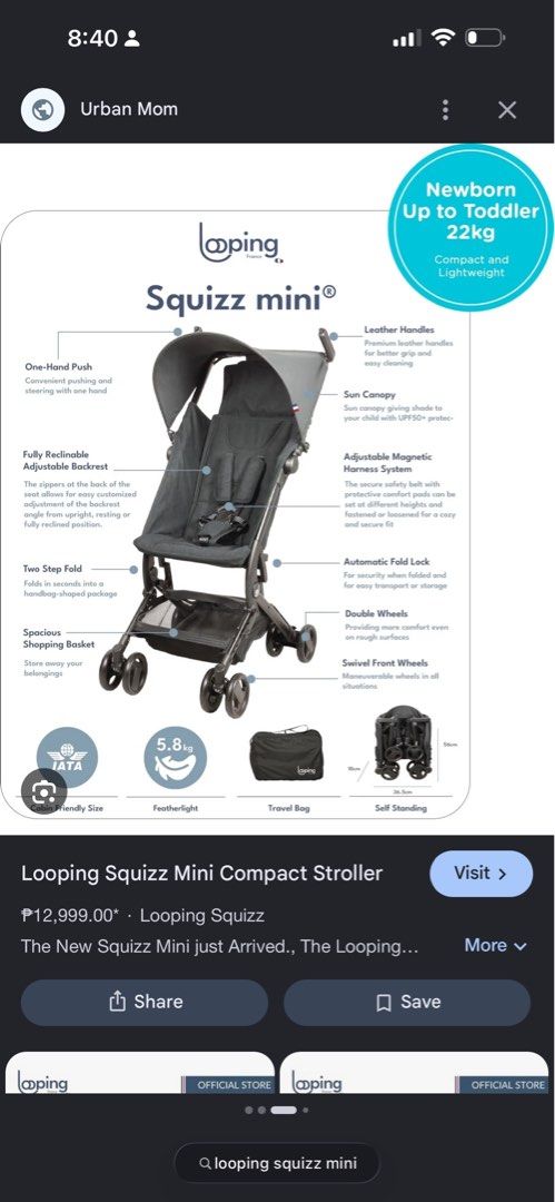 Looping Squiz Mini Compact Stroller (Category: Strollers) located in Manila. Submitted by vyo27 (Listing ID 1470280780, Image 2). Description: Looping Squizz mini perfect for travel/cabin approved. Kids up to 22 kg Bought March 2025 • preloved please expect some scratches and some signs of usage but no known issues affecting performance • rfs stroller upgrade, our child is on the heavier side at 2 yrs ₱ 4,500 📍 Sucat.