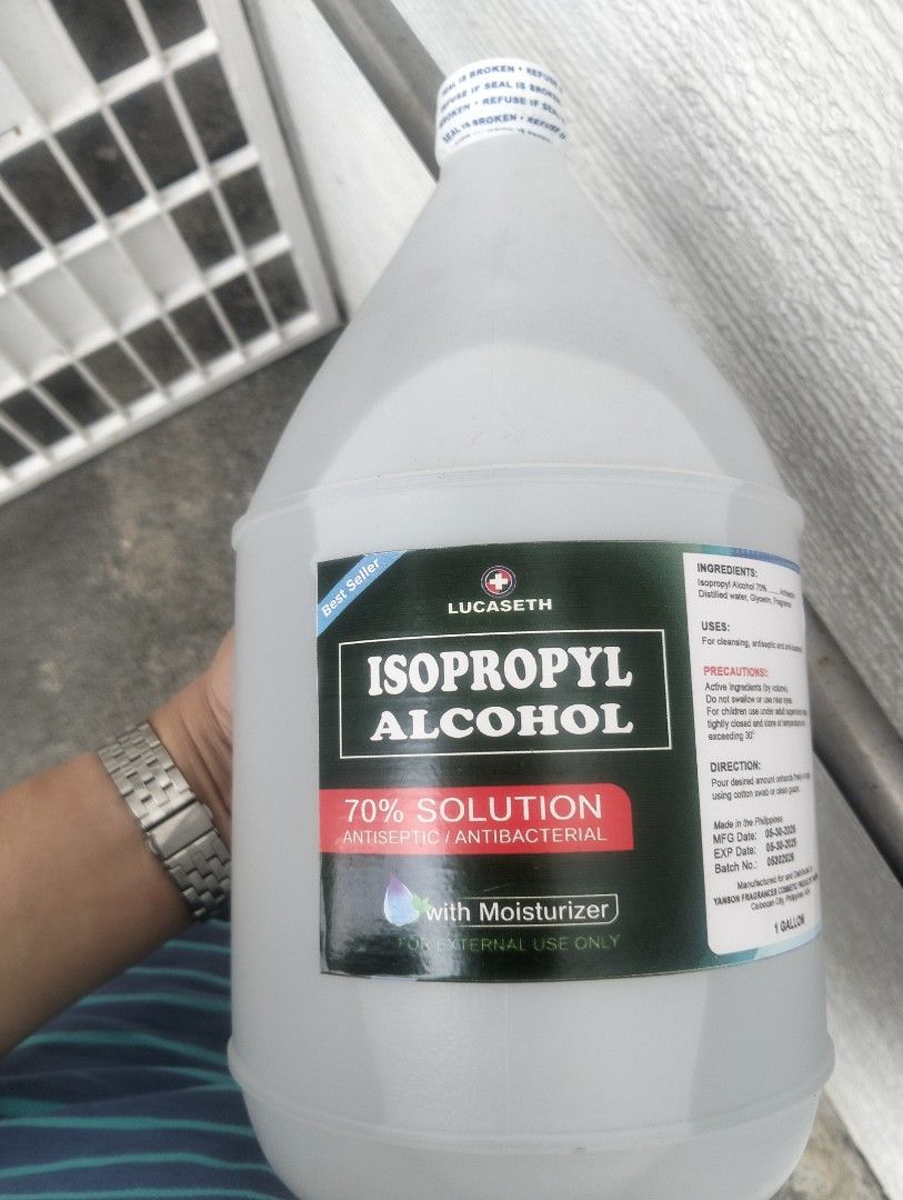 Lucaseth Isopropyl Alcohol 70% Solution 1 Gallon with Moisturizer (Category: Sanitizers & Disinfectants) located in Quezon City. Submitted by liveriver.2647f2 (Listing ID 1470325524, Image 2). Description: - Product: Lucaseth 70% Isopropyl Alcohol - Size: 1 Gallon (sulit pack for home, office, or business use) - Formula: Antiseptic and antibacterial with added moisturizer, distilled water, and light fragrance - Condition: Brand new, sealed cap in