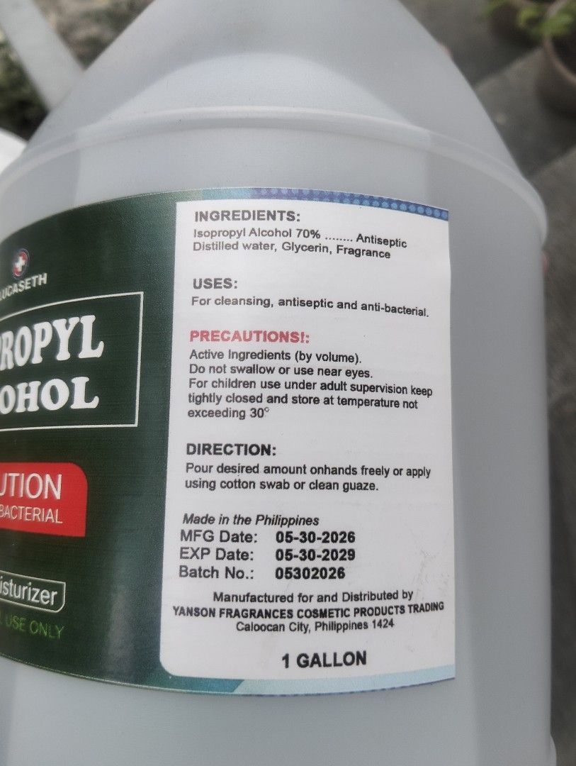 Lucaseth Isopropyl Alcohol 70% Solution 1 Gallon with Moisturizer (Category: Sanitizers & Disinfectants) located in Quezon City. Submitted by liveriver.2647f2 (Listing ID 1470325524, Image 1). Description: - Product: Lucaseth 70% Isopropyl Alcohol - Size: 1 Gallon (sulit pack for home, office, or business use) - Formula: Antiseptic and antibacterial with added moisturizer, distilled water, and light fragrance - Condition: Brand new, sealed cap in