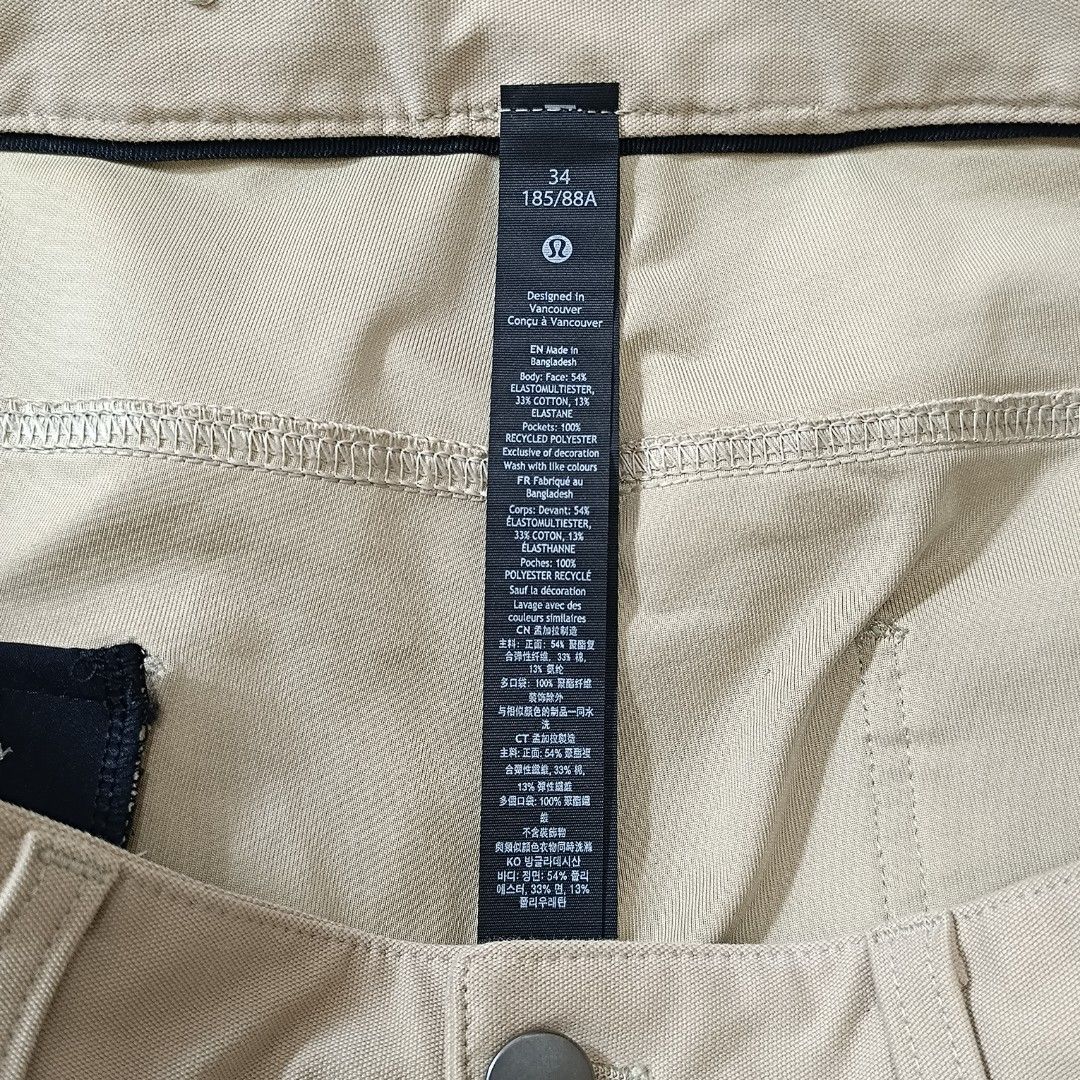Lululemon Khaki Pants Size 34 (Category: Trousers) located in Urdaneta. Submitted by brokensupply.ph (Listing ID 1470245173, Image 3). Description: - Brand: Lululemon - Color: Neutral beige / khaki - Size: 34 (185/88A), regular fit with standard waistband and belt loops - Material: 54% elastomultiester, 33% cotton, 13% elastane; 100% recycled polyester pocket lining - Origin: Designed in Vancouver, made in Bangladesh - Style: Easy to style for ca