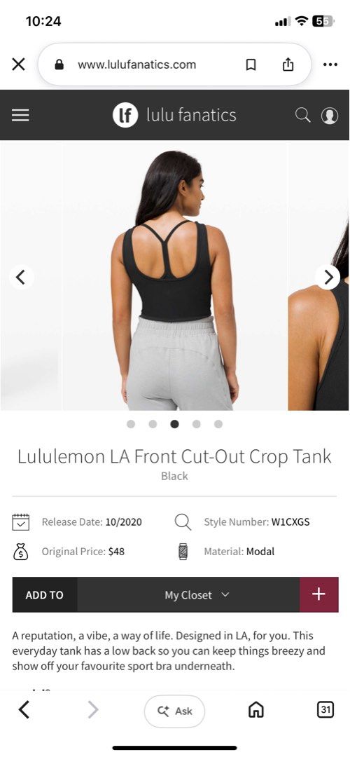 Lululemon LA Front Cut-Out Crop Tank (Category: Activewear) located in Los Banos. Submitted by darl.shop (Listing ID 1470265120, Image 1). Description: Cut tag Extra small- Small.