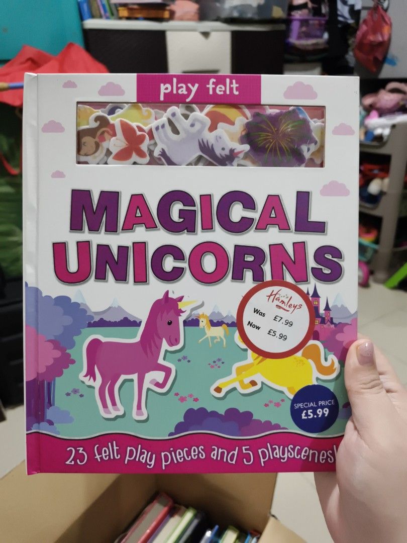 Magical Unicorns Play Felt Activity Book with 23 Pieces (Category: Children's Books) located in Manila. Submitted by clry.lvst (Listing ID 1470160266, Image 2). Description: - Magical Unicorns felt play book - Includes 5 interactive playscenes - Comes with 23 colourful felt play pieces - Fun front window showcasing the pieces inside - Great creative activity for kids who love crafts and unicorns - Original Hamleys special price (£5.99) sticker on