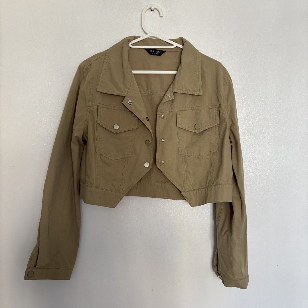 MAIXIN Khaki Cropped Denim Jacket Size S (Category: Coats, Jackets and Outerwear) located in Pasig City. Submitted by _jinwifeu_ (Listing ID 1470221462, Image 3). Description: 📏 fits small to medium 📍 ortigas, pasig 💸 maribank,bdo, gcash, maya 🚚 same day delivery (lalamove, grab etc).