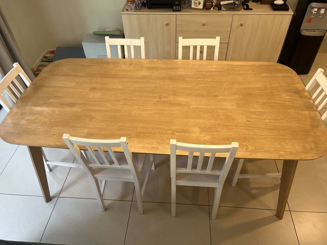 Mandaue Foam Elland 8 Seater Dining Table (Category: Tables & Sets) located in Quezon City. Submitted by knepler_rylan (Listing ID 1470267956, Image 2). Description: AVAILABLE DECEMBER 1 2026 Purchased from Mandaue Foam in June 2024 for ₱19,000. Material: Solid Rubberwood Color: Teak Dimensions: 200x100x74cm Has some flaws in clear coat. Hard to capture on photos. Also selling the 6 white ikea dining chairs for 4k. Will sell all together for 6k. 