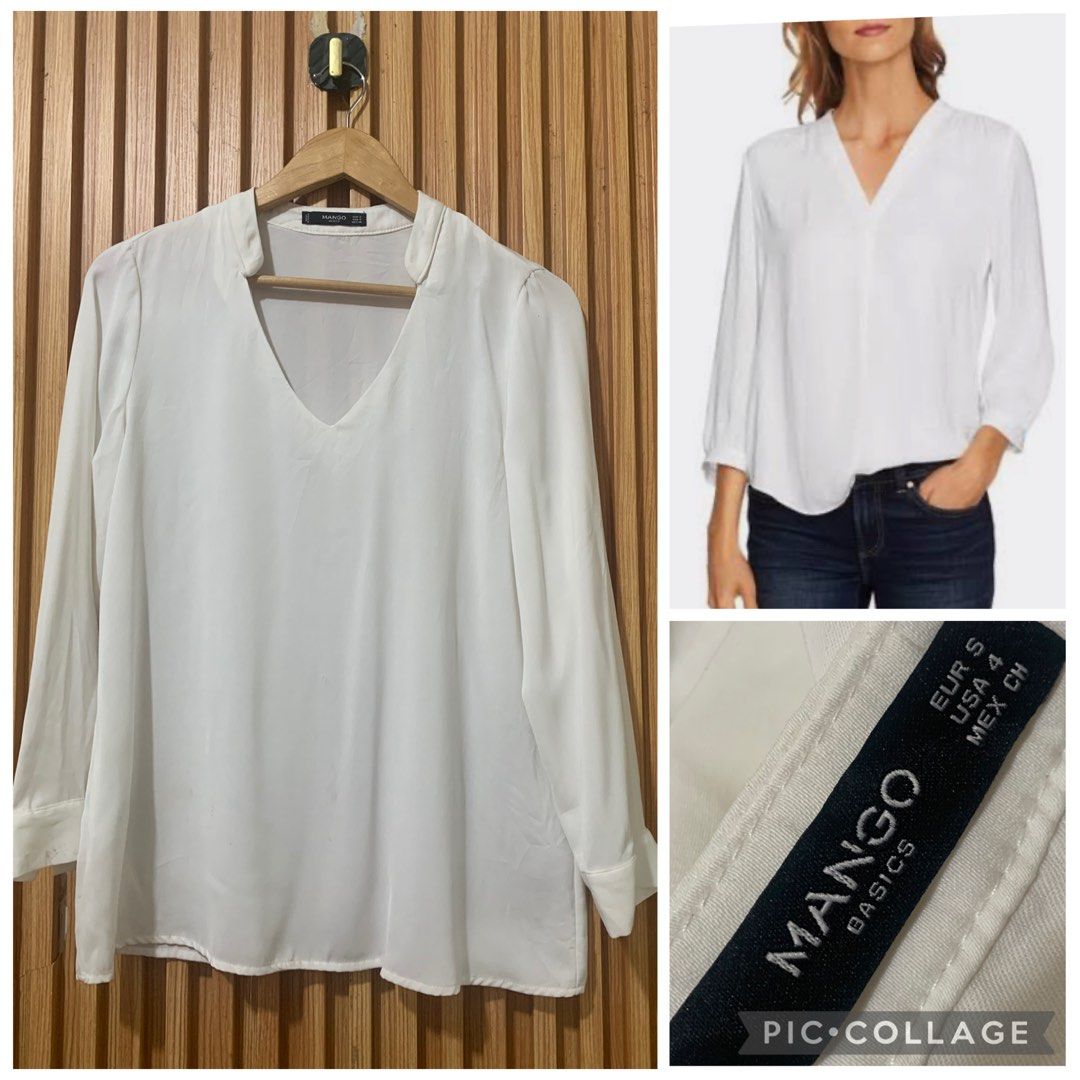 Mango Basics White V-Neck Blouse Size S (Category: Blouses) located in Koronadal. Submitted by girlish1105 (Listing ID 1470345618, Image 1). Description: - Brand: Mango Basics - Color: Clean white - Size: S (fits US 4) - Style: V-neck with banded collar, relaxed fit, button cuffs - Fabric: Lightweight and slightly sheer - Versatility: Perfect for casual or office wear.