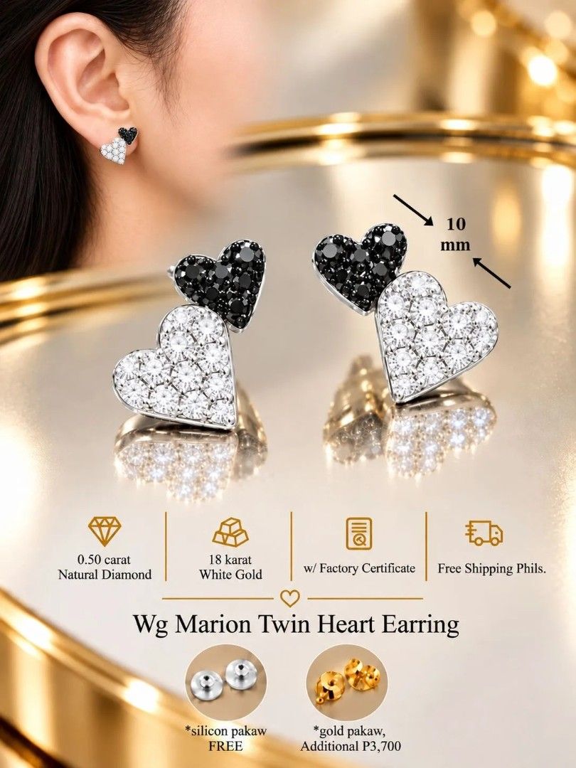 Marion Twin Heart Diamond Earrings (Category: Earrings) located in Quezon City. Submitted by Diaholics_Jewelry (Listing ID 1470197093, Image 2). Description: - Design: Twin heart earrings (10 mm each) - Stones: 0.50 carat natural diamond - Metal: Available in 18 karat yellow gold or white gold - Inclusions: Factory certificate and free silicon backs - Optional upgrade: Gold backs available for an additional P3,700.