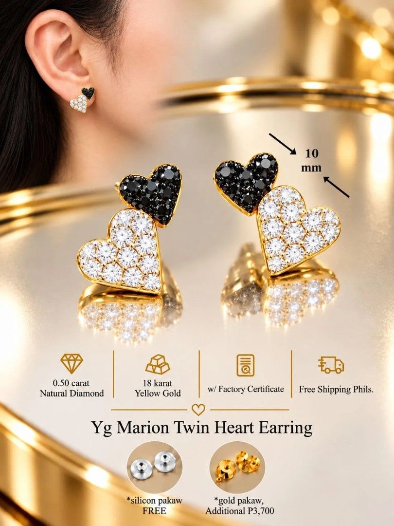 Marion Twin Heart Diamond Earrings (Category: Earrings) located in Quezon City. Submitted by Diaholics_Jewelry (Listing ID 1470197093, Image 1). Description: - Design: Twin heart earrings (10 mm each) - Stones: 0.50 carat natural diamond - Metal: Available in 18 karat yellow gold or white gold - Inclusions: Factory certificate and free silicon backs - Optional upgrade: Gold backs available for an additional P3,700.