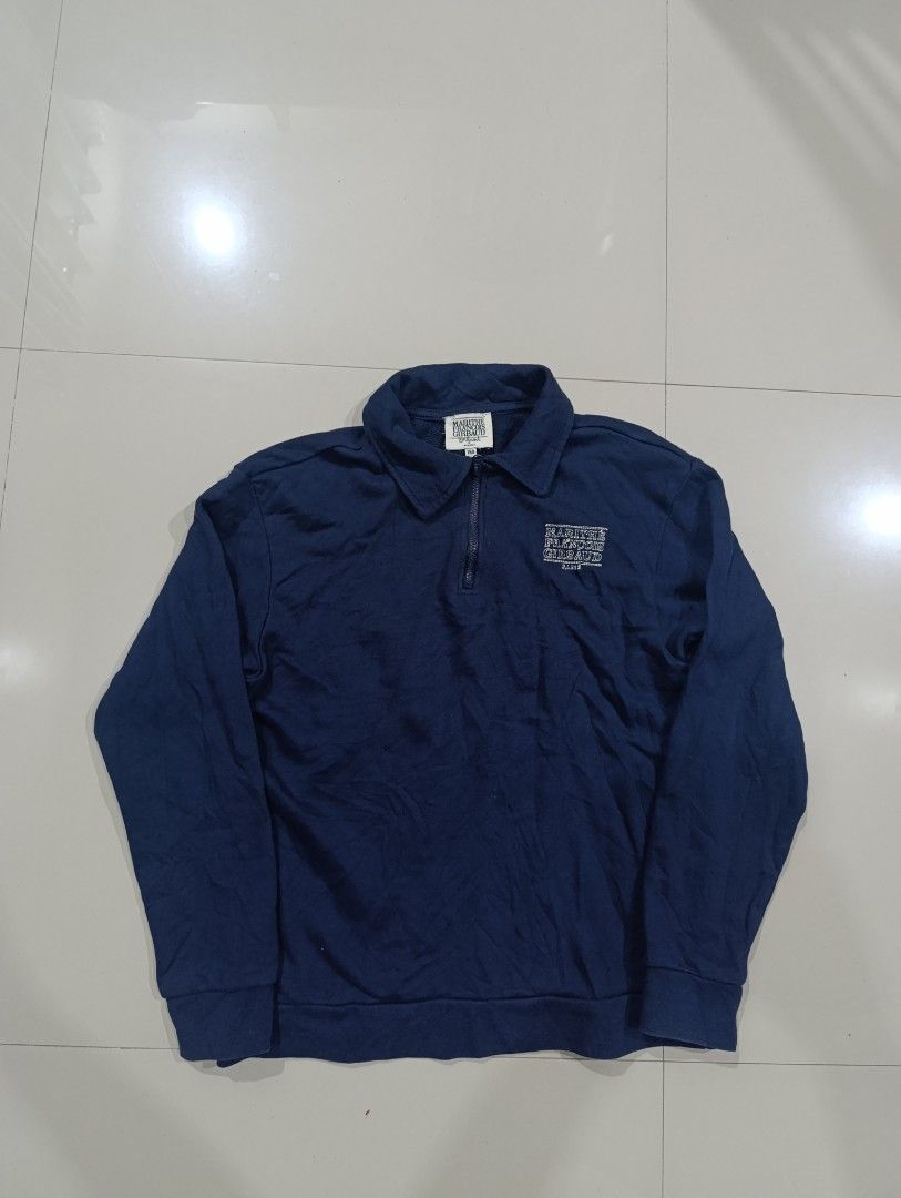 Marithe Francois Girbaud Enfant Navy Zip Sweatshirt (Category: Coats, Jackets and Outerwear) located in Davao. Submitted by idioticthrifter (Listing ID 1470330261, Image 1). Description: - Brand: Marithé François Girbaud - Style: Quarter zip sweatshirt with collared neck - Color: Navy Blue - Size: 18 width x 22 length - Material: 100% cotton shell - Features: Embroidered logo on left chest, ribbed cuffs and hem - Condition: Clean piece overall, e