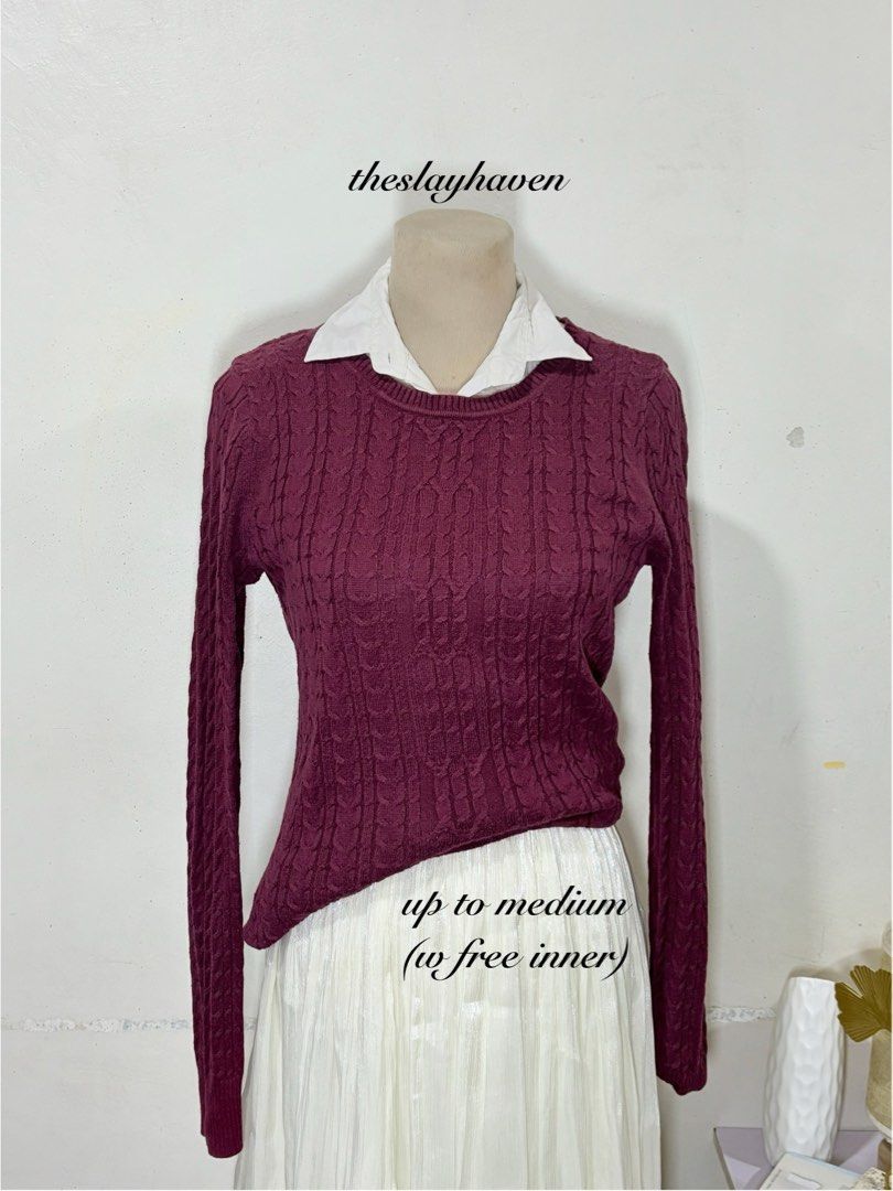 Maroon cable knit sweater with white inner collar (Category: Coats, Jackets and Outerwear) located in Manila. Submitted by biacakes (Listing ID 1470263215, Image 1). Description: - Color: Maroon with white layered collar - Material: Comfortable cable knit fabric - Design: Long sleeves with textured pattern throughout - Fit: Best fits up to Medium frame - Style: Preppy, great for chilly weather and casual layering.
