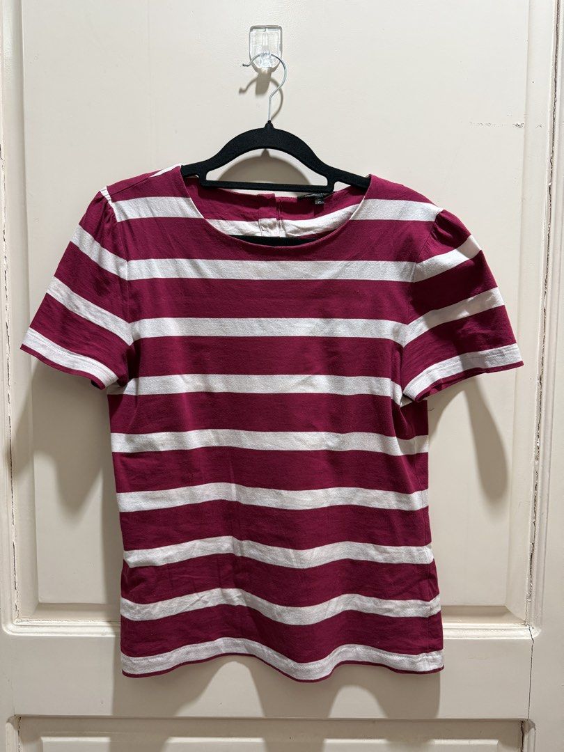 Massimo Dutti Striped T-Shirt (Category: Tshirts & Polo Shirts ) located in Davao. Submitted by 2ndbase.dvo.ii (Listing ID 1470335997, Image 2). Description: - Brand: Massimo Dutti - Color: Maroon and white stripes - Size: L / 34 - Design: Short sleeves, classic round neckline, and button closure detail down the back collar - Material: Soft, high-quality cotton - Condition: Great for comfortable daily wear and effortless styling.
