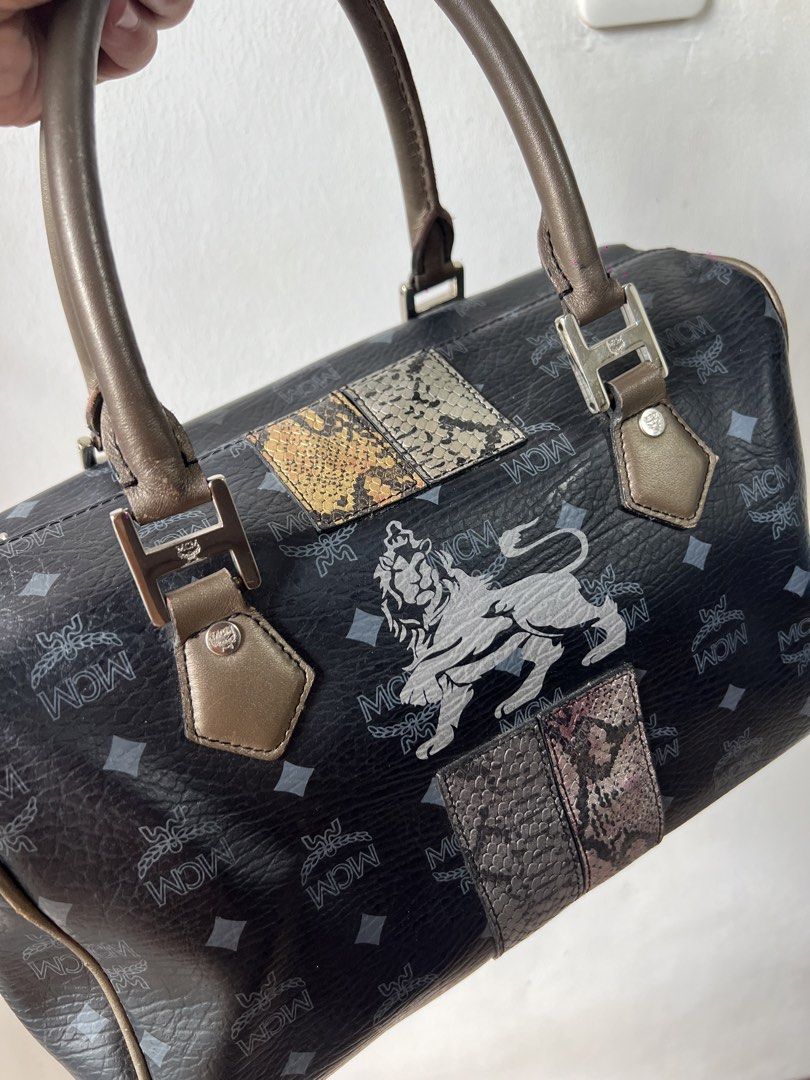 MCM Visetos Monogram Boston Handbag with Lion Graphic, Luxury, Bags ...
