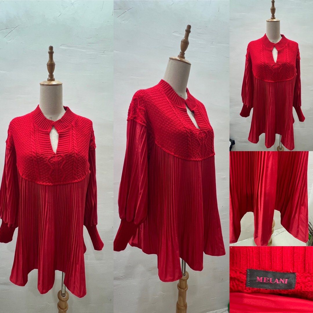 Melani Red Knit Pleated Long Sleeve Top (Category: Longsleeves) located in Bacolod City. Submitted by bhabissagal-05763 (Listing ID 1470288997, Image 1). Description: - Brand: Melani - Color: Bright red - Design: Textured cable knit upper yoke with a chic keyhole neckline - Sleeves: Long sleeves with fitted cuffs - Bottom: Flowing pleated fabric with a trendy asymmetrical hemline - Fit: Tag measurements not listed, fits standard sizes well - Cond