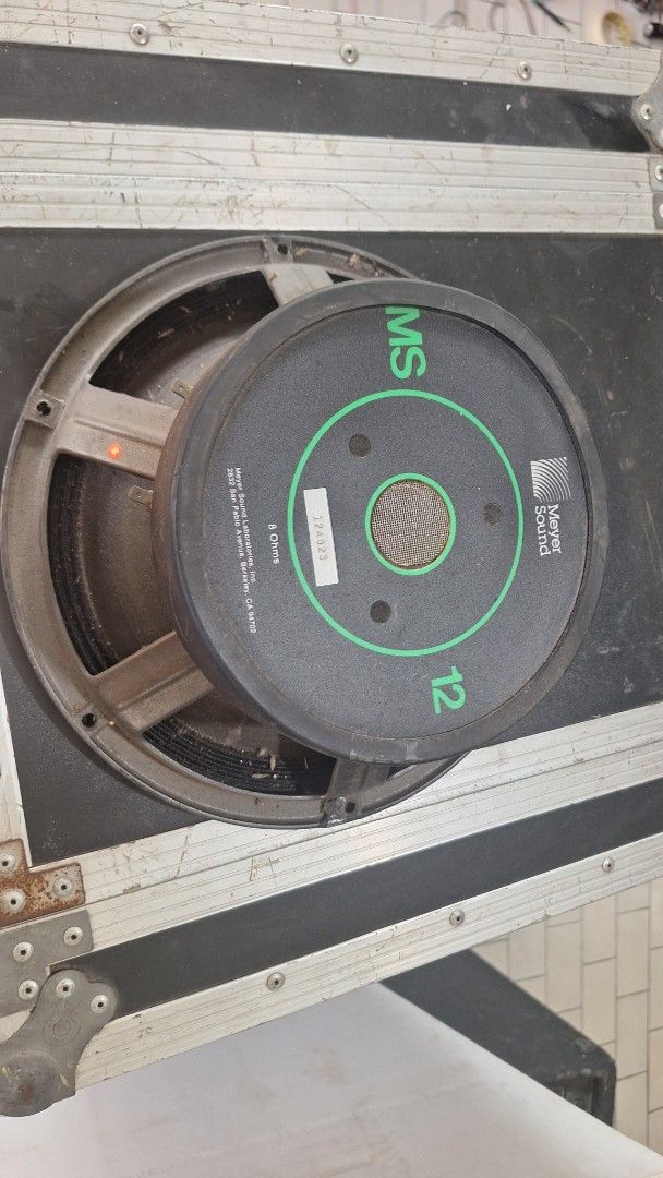 Meyer Sound MS 12 8 Ohms Speaker Driver (Category: Soundbars, Speakers & Amplifiers) located in Angeles City. Submitted by pamdiel003 (Listing ID 1470223498, Image 2). Description: - Brand/Model: Meyer Sound MS 12 speaker driver - Impedance & Size: 8 Ohms, 12-inch professional audio component - Serial Number: 124023 - Condition: Clean cone, working voice coil, removed from working audio setup - Build: Heavy duty cast frame with standard mounting 