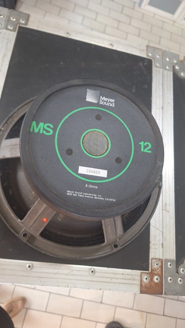 Meyer Sound MS 12 8 Ohms Speaker Driver (Category: Soundbars, Speakers & Amplifiers) located in Angeles City. Submitted by pamdiel003 (Listing ID 1470223498, Image 1). Description: - Brand/Model: Meyer Sound MS 12 speaker driver - Impedance & Size: 8 Ohms, 12-inch professional audio component - Serial Number: 124023 - Condition: Clean cone, working voice coil, removed from working audio setup - Build: Heavy duty cast frame with standard mounting 