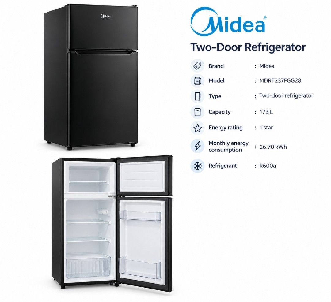 Midea Two Door Refrigerator (Category: Other Home Appliances) located in Caloocan City. Submitted by mce_sales2026 (Listing ID 1470243077, Image 1). Description: Brand: Midea Model: MDRT237FGG28 Type: Two-door refrigerator with a top freezer Color: Black Capacity: 173 liters Midea MDRT237FGG28 Black Two-Door Refrigerator, 173L Capacity, Top-Freezer Design..