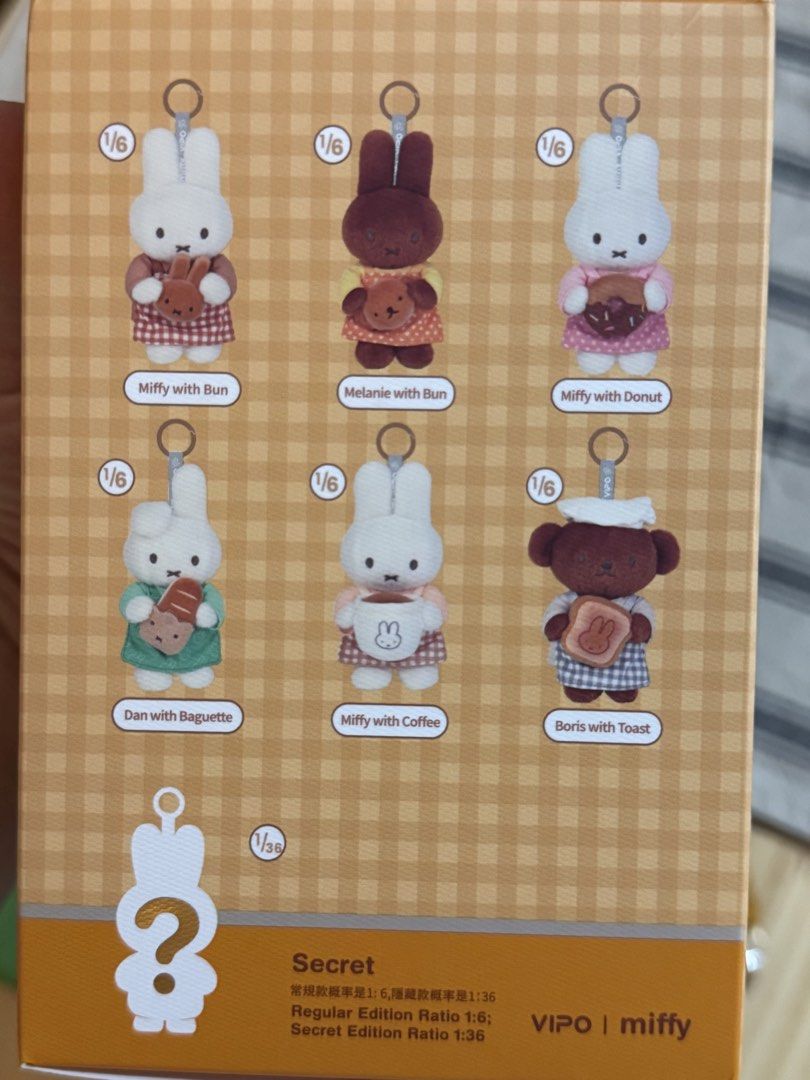 Miffy with Donut Plush Keychain (Category: Plushies & Soft Toys) located in Quezon City. Submitted by ramearc (Listing ID 1470287956, Image 2). Description: - Authentic VIPO Miffy Bakery blind box plush keychain - Design: Miffy with Donut (holding a frosted chocolate donut with sprinkles) - Condition: Newly opened RFS: Not priority Can be swapped to Boris with Toast or Dan with Baguette.