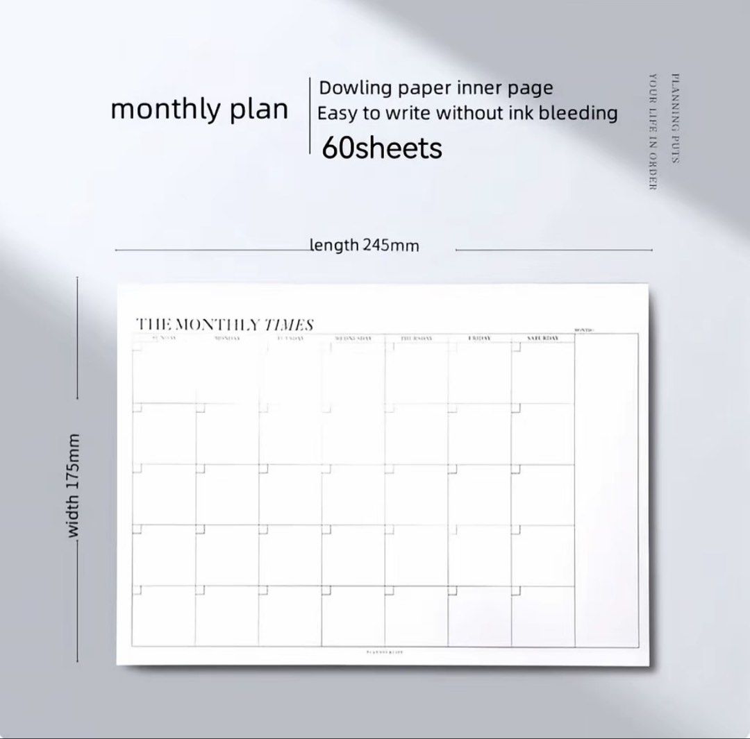 Minimalist Monthly and Weekly Planner Notepad 60 Sheets (Category: Stationery & School Supplies) located in Baguio. Submitted by declutterbycys (Listing ID 1470252521, Image 2). Description: - Type: Monthly and Weekly Planner Notepads - Paper: 60 sheets of smooth Dowling paper (bleed-proof for all pens) - Size: 245mm x 175mm - Design: Clean minimalist style with black grids - Best for: Daily scheduling, aesthetic desk setups, and office productiv