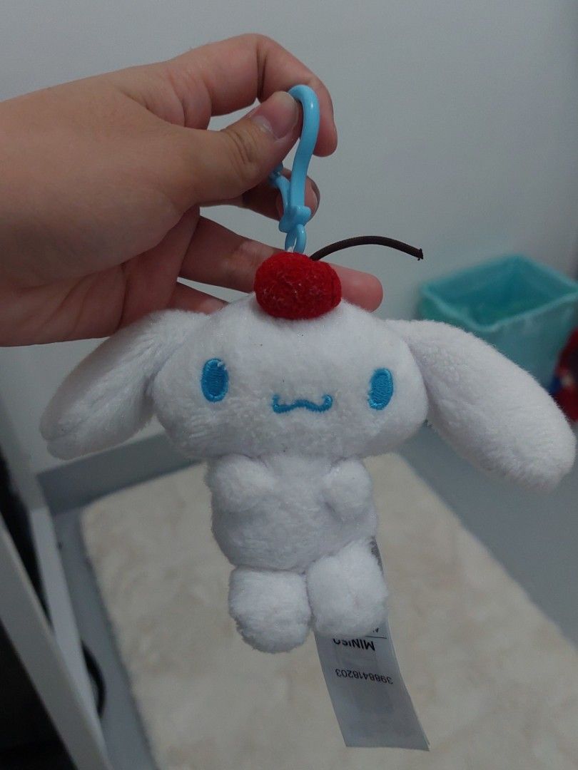 Miniso Cinnamoroll Cherry Plush Keychain (Category: Plushies & Soft Toys) located in Cebu City. Submitted by supernico (Listing ID 1470175051, Image 1). Description: Authentic Miniso Sanrio Cinnamoroll plush keychain holding a red cherry. Super fluffy with original tag and handy blue clip. Perfect for your bags or keys! -With Whale keychain Freebie.