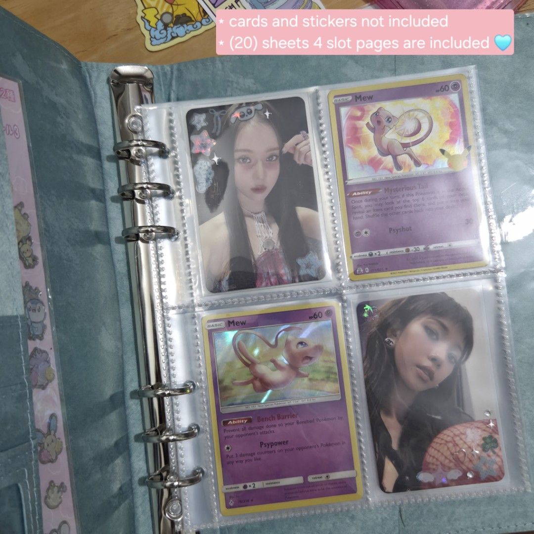 Mint A5 Y2K Binder Photocard Card Journal (Category: Stationery & School Supplies) located in Taguig. Submitted by aeri______99 (Listing ID 1470273983, Image 3). Description: ⋆ A5 Journal ⋆ Includes (20) 4 slot pages. Can fit kpop photocards and pokemon cards (in perfect fit sleeves). ⋆ Stickers and cards are not included but I'll add some freebies ☺️ ⋆ The outer feels like textile ⋆ Also fits A5 journal paper (not included) ⋆ RFS: unused item an