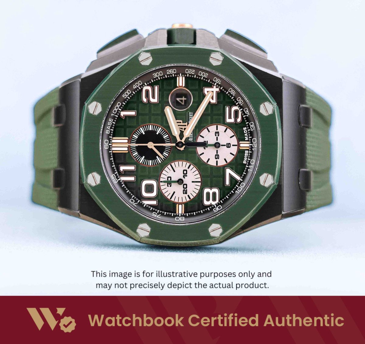 [Mint] Audemars Piguet Royal Oak Offshore Rubber 26405CE.OO.A056CA.01 26405CE AP Green Dial A8796 | Nov 2020 (Category: Watches) located in Singapore. Submitted by watchbooksg (Listing ID 1465248226, Image 1). Description: Watchbook Certified Authentic Verified at 60 points by 2 certified watch specialists Comes with a Watchbook 60-Point Inspection Certificate [Mint] Audemars Piguet Royal Oak Offshore Rubber 26405CE.OO.A056CA.01 26405CE AP Green 