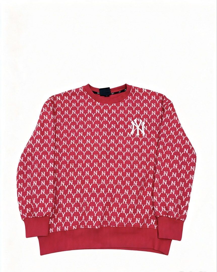 MLB New York Yankees Monogram Sweatshirt Red Size M (Category: Coats, Jackets and Outerwear) located in Caloocan City. Submitted by jerichotad22965 (Listing ID 1470195995, Image 1). Description: - Authentic MLB New York Yankees crewneck sweatshirt - Vibrant red color with all-over white NY monogram print - Raised embroidered NY team logo patch on the chest - Ribbed collar, cuffs, and hem for a secure fit - Size M with genuine merchandise label at