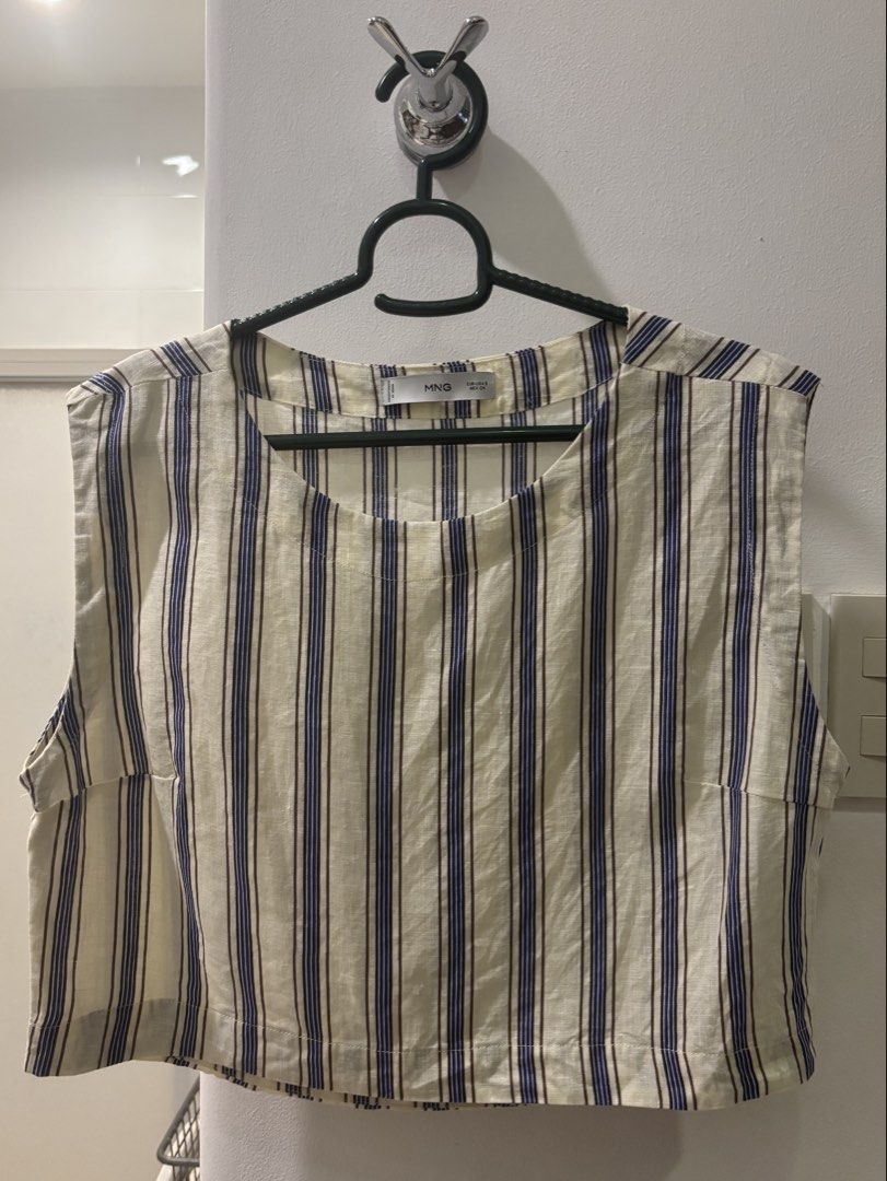 MNG Crop Tank Top (Category: Sleeveless) located in Muntinlupa City. Submitted by danir918 (Listing ID 1470292118, Image 1). Description: - Colors: cream with blue/brown stripes - Material: Lightweight Linen fabric, ideal for warm weather - RFS: don’t use it anymore .