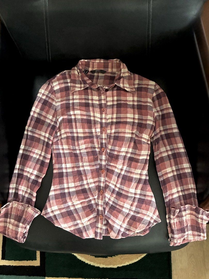 MNG Pink Plaid Button Down Shirt (Category: Longsleeves) located in Tanauan. Submitted by theitgirlsdibs4 (Listing ID 1470205013, Image 2). Description: - Brand/Model: MNG flannel button-down shirt - Color/Pattern: Pink and white plaid - Size: SMALL TO MEDIUM - Fit: Fitted silhouette with long sleeves and smocked cuffs - Details: Classic collar and front button closure - Fabric: Soft and lightweight material - Condition/Style: Great casual staple
