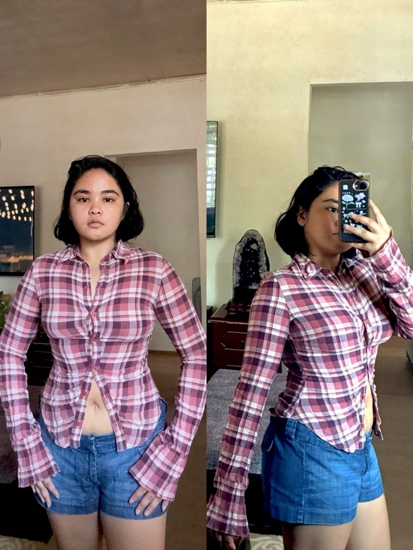 MNG Pink Plaid Button Down Shirt (Category: Longsleeves) located in Tanauan. Submitted by theitgirlsdibs4 (Listing ID 1470205013, Image 1). Description: - Brand/Model: MNG flannel button-down shirt - Color/Pattern: Pink and white plaid - Size: SMALL TO MEDIUM - Fit: Fitted silhouette with long sleeves and smocked cuffs - Details: Classic collar and front button closure - Fabric: Soft and lightweight material - Condition/Style: Great casual staple