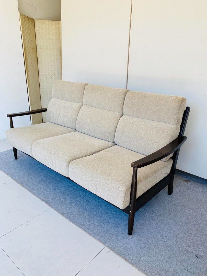 Modern Wooden Sofa (Category: Sofas) located in Manila. Submitted by elliefurnies31 (Listing ID 1470273288, Image 2). Description: "JAPAN SURPLUS" 3-SEATER WOODEN FABRIC SOFA SIZE: 72L" x 33W" x 17Sh" x 35H" inches (AS-IS ITEM) IN GOOD CONDITION.