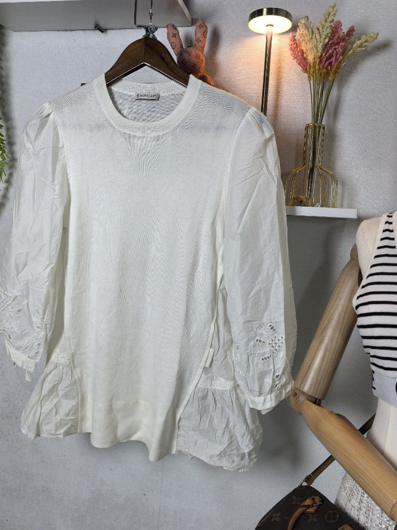 Moncler nitted blouse (Category: Luxury Apparel) located in Baguio. Submitted by ashzachary (Listing ID 1470298376, Image 2). Description: Moncler nitted blouse Condition :Excellent condition Color rate 10/10 Size :Medium Inches:W17/L25 No issues No flaws Super ganda sa personal Pm. More details Good quality Plsss 📌No Bogus 📌No return MOP What you see is what you get PALAWAN, CEBUNA GCASH AND BDO Reminder😊 We're selling thrifted clothes so ple