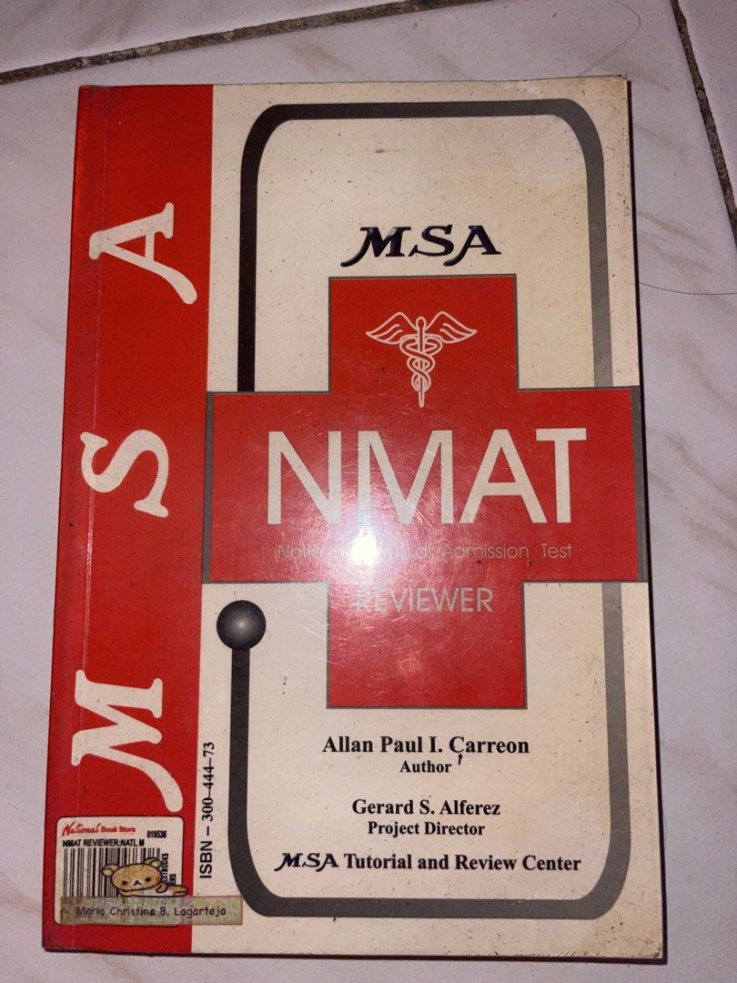MSA NMAT (Category: Textbooks) located in Manila. Submitted by radvelarde (Listing ID 1470222152, Image 1). Description: This is the MSA NMAT (National Medical Admission Test) Reviewer authored by Allan Paul I. Carreon and directed by Gerard S. Alferez..