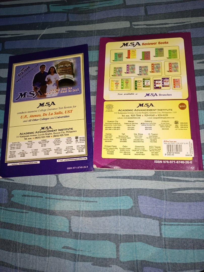 MSA UPCAT Reviewer Set with Math Solutions Manual (Category: Textbooks) located in Manila. Submitted by lorrrsz (Listing ID 1470193378, Image 2). Description: - 2-book set: Main MSA UPCAT reviewer and math solutions manual - Features detailed, step-by-step math answers - Ideal for college entrance tests like UPCAT, ACET, and UST - Published by MSA Academic Advancement Institute - Clean covers and readable pages - Original price tag of 358 PHP sti
