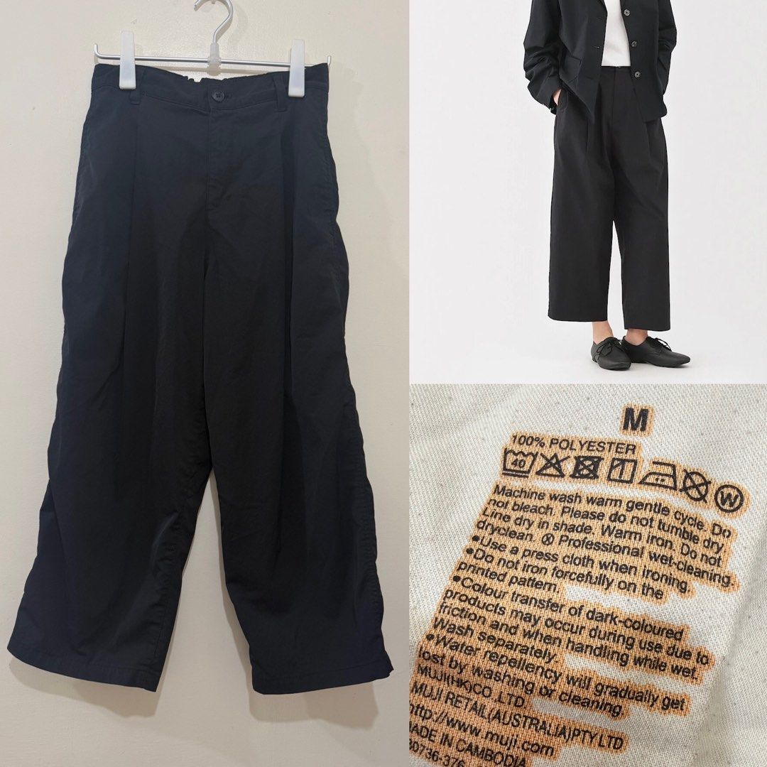 Muji Black Polyester Wide Crop Pants Size M (Category: Trousers) located in Solano. Submitted by hayami. (Listing ID 1470194368, Image 1). Description: Tapered Trousers, ankle length Length: 35” Waist: 28”-29” Elastic waistband .