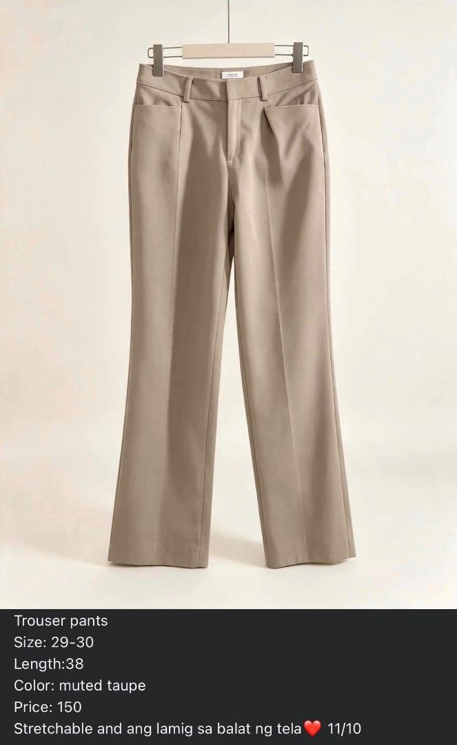 Muted Taupe Trouser Pants Size 29-30 (Category: Trousers) located in Manila. Submitted by chelshoppe (Listing ID 1470217208, Image 1). Description: - Color: Muted taupe - Size: 29 to 30 (Length: 38 inches) - Material: Stretchable, cool-to-touch fabric - Features: Clean cut, front pockets, and pressed creases - Style: Versatile for work or casual lakad - Condition: 11/10, like new and very affordable!.