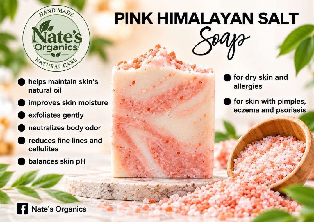 Nate's Organics Handmade Natural Soap Bars (Category: Bath) located in Santa Rosa. Submitted by nrz_batz (Listing ID 1470200332, Image 1). Description: - Brand: Nate's Organics (Handmade Natural Soap Bars) - Available Variants: Pink Himalayan Salt, Oatmeal + Honey, Charcoal + Peppermint, Coffee - Key Benefits: Targets acne, dryness, eczema, and provides gentle exfoliation - Formulation: 100% organic ingredients, free from harsh chemicals - Perfec