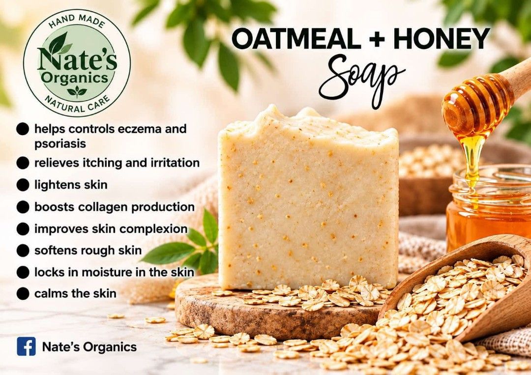 Nate's Organics Handmade Natural Soap Bars (Category: Bath) located in Santa Rosa. Submitted by nrz_batz (Listing ID 1470200332, Image 2). Description: - Brand: Nate's Organics (Handmade Natural Soap Bars) - Available Variants: Pink Himalayan Salt, Oatmeal + Honey, Charcoal + Peppermint, Coffee - Key Benefits: Targets acne, dryness, eczema, and provides gentle exfoliation - Formulation: 100% organic ingredients, free from harsh chemicals - Perfec