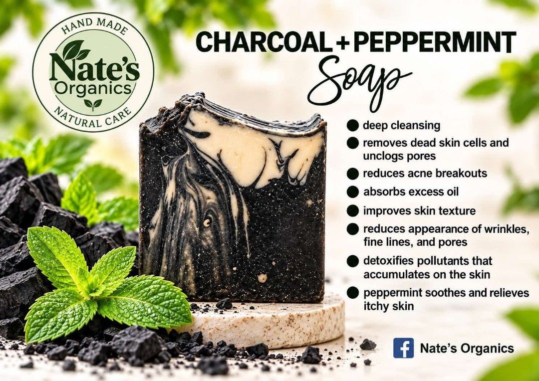Nate's Organics Handmade Natural Soap Bars (Category: Bath) located in Santa Rosa. Submitted by nrz_batz (Listing ID 1470200332, Image 3). Description: - Brand: Nate's Organics (Handmade Natural Soap Bars) - Available Variants: Pink Himalayan Salt, Oatmeal + Honey, Charcoal + Peppermint, Coffee - Key Benefits: Targets acne, dryness, eczema, and provides gentle exfoliation - Formulation: 100% organic ingredients, free from harsh chemicals - Perfec