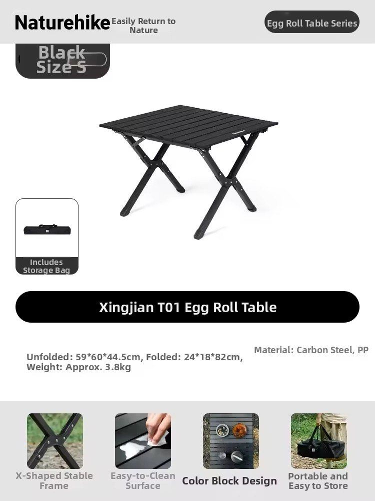 Naturehike Xingjian T01 Egg Roll Table Black Size S (Category: Hiking & Camping) located in Quezon City. Submitted by immarxc (Listing ID 1470176596, Image 1). Description: - Brand: Naturehike - Model: Xingjian T01 Egg Roll Table (Size S) - Color: Black (stylish color block design) - Material: Durable carbon steel and PP - Dimensions (Unfolded): 59 x 60 x 44.5 cm - Dimensions (Folded): 24 x 18 x 82 cm - Weight: Approx. 3.8 kg - Frame: Sturdy X-sh
