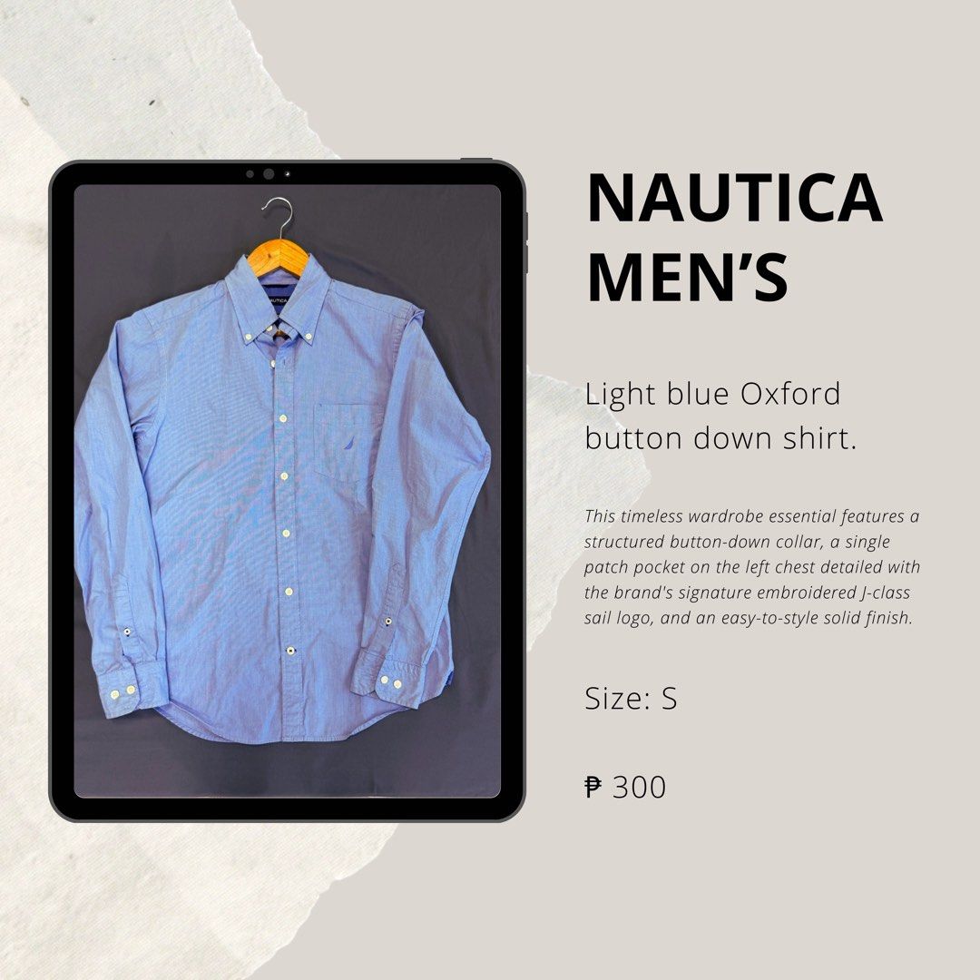 Nautica Light Blue Button Down Shirt | Size S | ₱300 (Category: Tshirts & Polo Shirts ) located in Mandaluyong City. Submitted by lemuelkit17 (Listing ID 1470163742, Image 2). Description: Personal preloved piece from my closet clear-out. It features a classic light blue hue, a button-down collar, front chest pocket, and the brand’s signature J-class sailboat logo embroidered on the left chest. 📍Ships from: Mandaluyong 🚚 Shipping fee shouldered