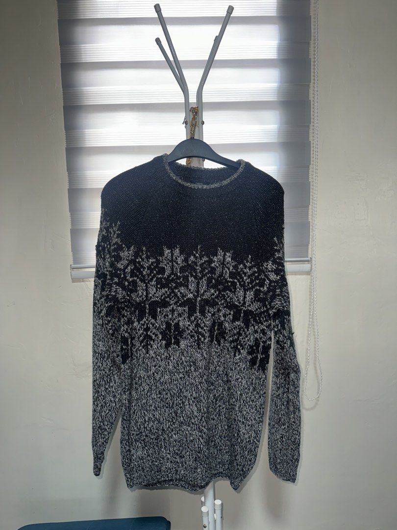 Next Black and Grey Fair Isle Pattern Knit Sweater (Category: Longsleeves) located in La Trinidad. Submitted by prelovedandfindsbyji (Listing ID 1470221442, Image 1). Description: Next knit sweater, size extra small. Black upper section fading into a patterned grey and black snowflake knit body and sleeves. Long sleeves with ribbed crew neck collar. Material blend of acrylic, cotton, wool, and silk. Care tag specifies machine wash on wool cycle i