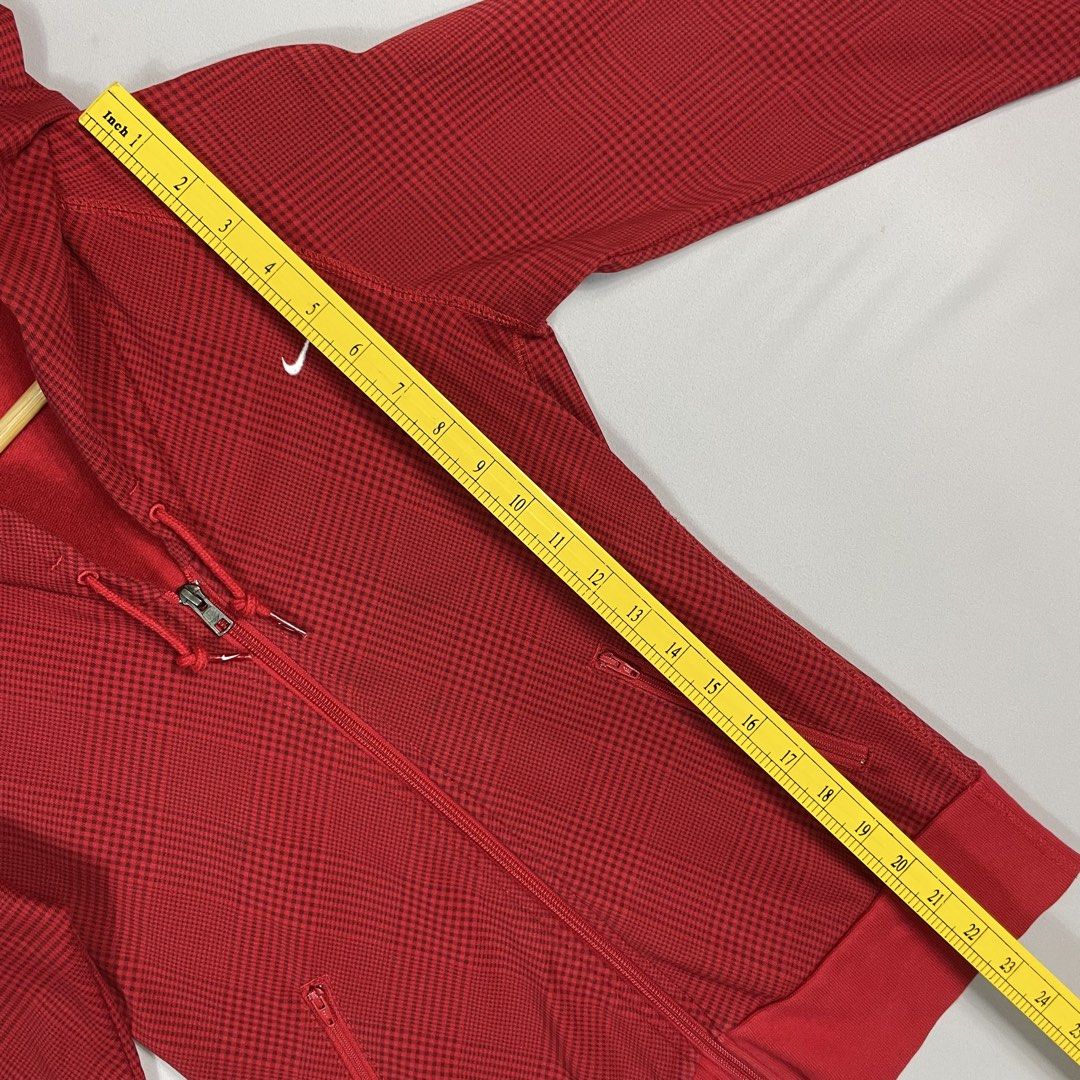 NIKE | Red Crimson Hooded Full-Zip Athletic Jacket (Category: Coats, Jackets and Outerwear) located in Norzagaray. Submitted by sevenjscloset (Listing ID 1470270089, Image 3). Description: - Brand: Nike - Color: Red Crimson - Size: Medium (Length: 22.5", Width: 14.5") - Features: Full-zip front, hood, zippered pockets, ribbed cuffs and hem - Details: Subtle patterned fabric, classic athletic dept branding, small chest swoosh - Condition: Clean, e