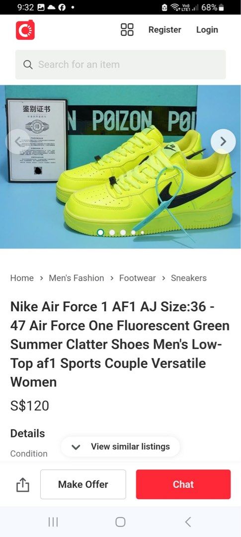 Nike Air Force 1 Fluorescent Green Size EU 44.5 (Category: Sneakers) located in Caloocan City. Submitted by Twinsters_2nd (Listing ID 1470262995, Image 2). Description: - Color: Fluorescent green with large black swoosh - Size: EU 44.5 - Condition: Good overall, no major issues - Extras: Neon laces and black lace lock attached - Style: Bright, loud kicks that definitely stand out - payment first, sh0pee checkout - loc: Camarin, Caloocan.
