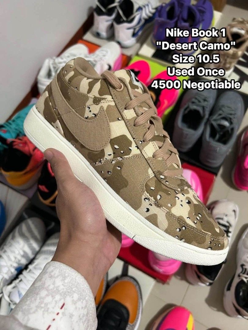 Nike Book 1 Desert Camo (Category: Sneakers) located in Quezon City. Submitted by bertsonamilasolidshoes (Listing ID 1470175601, Image 1). Description: - Model: Nike Book 1 Desert Camo - Size: 10.5 US - Condition: Worn just once, immaculate sole and upper - Design: Neutral brown camo canvas, matching tan laces, and off-white midsole - Ideal for everyday wear and sneaker rotations.