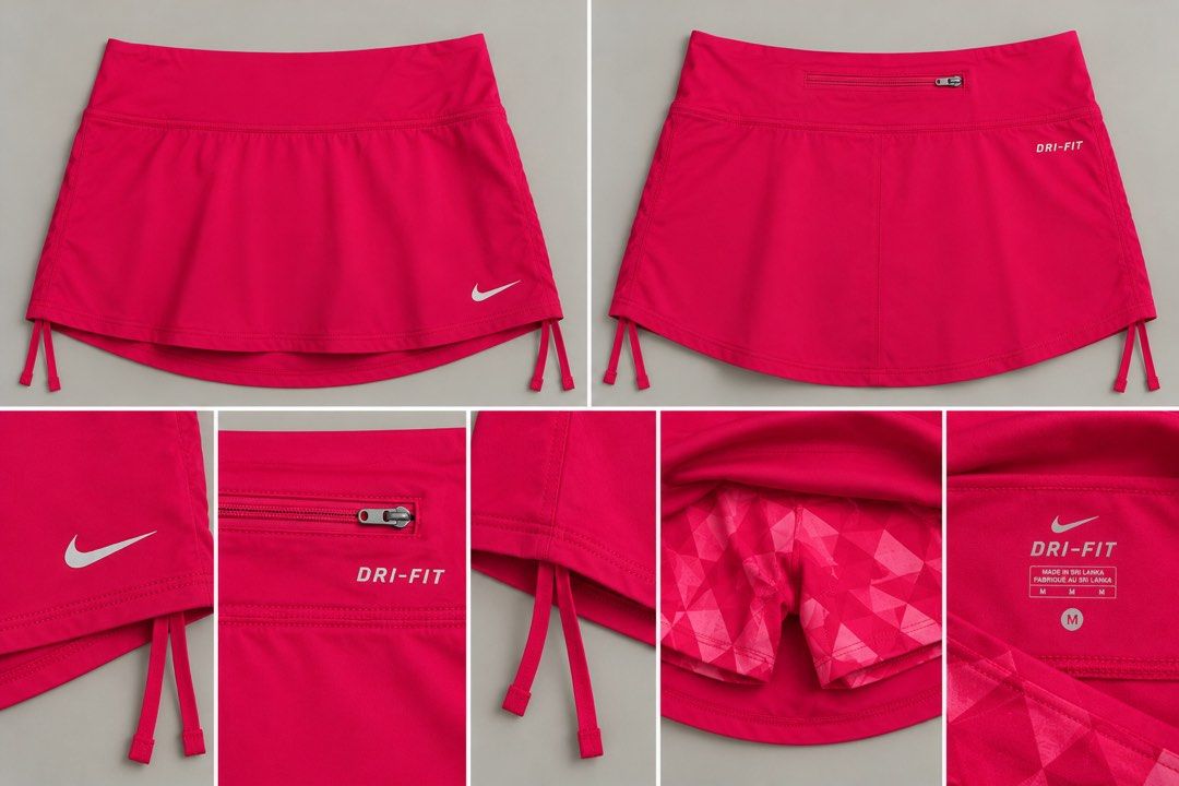 Nike Dri-FIT Pink Athletic Running Skort Size M (Category: Activewear) located in Valencia. Submitted by bruuuuh (Listing ID 1470196465, Image 1). Description: - Brand: Nike - Style: Dri-FIT Athletic Skort - Color: Bright Pink - Size: Medium (M) - Features: Built-in geometric patterned shorts - Fit: Adjustable drawstrings at the sides - Storage: Secure zippered pocket on the back waistband - Safety: Reflective Nike swoosh logo near the hem - Mate