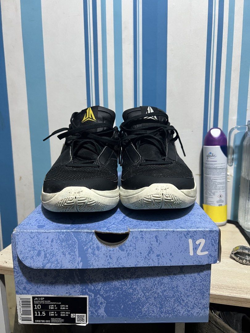 Nike Ja 1 EP Scratch Black Light Silver Men Size 10 (Category: Sneakers) located in Manila. Submitted by galfredca71333 (Listing ID 1470326956, Image 1). Description: - Model: Nike Ja 1 EP - Colorway: Black and Light Silver - Size: US 10 - Details: Distinct mismatched tongue logos (yellow and white) with embroidered number 12 on the heel - Condition: Brand new with original box - Style Code: DR8786-002.