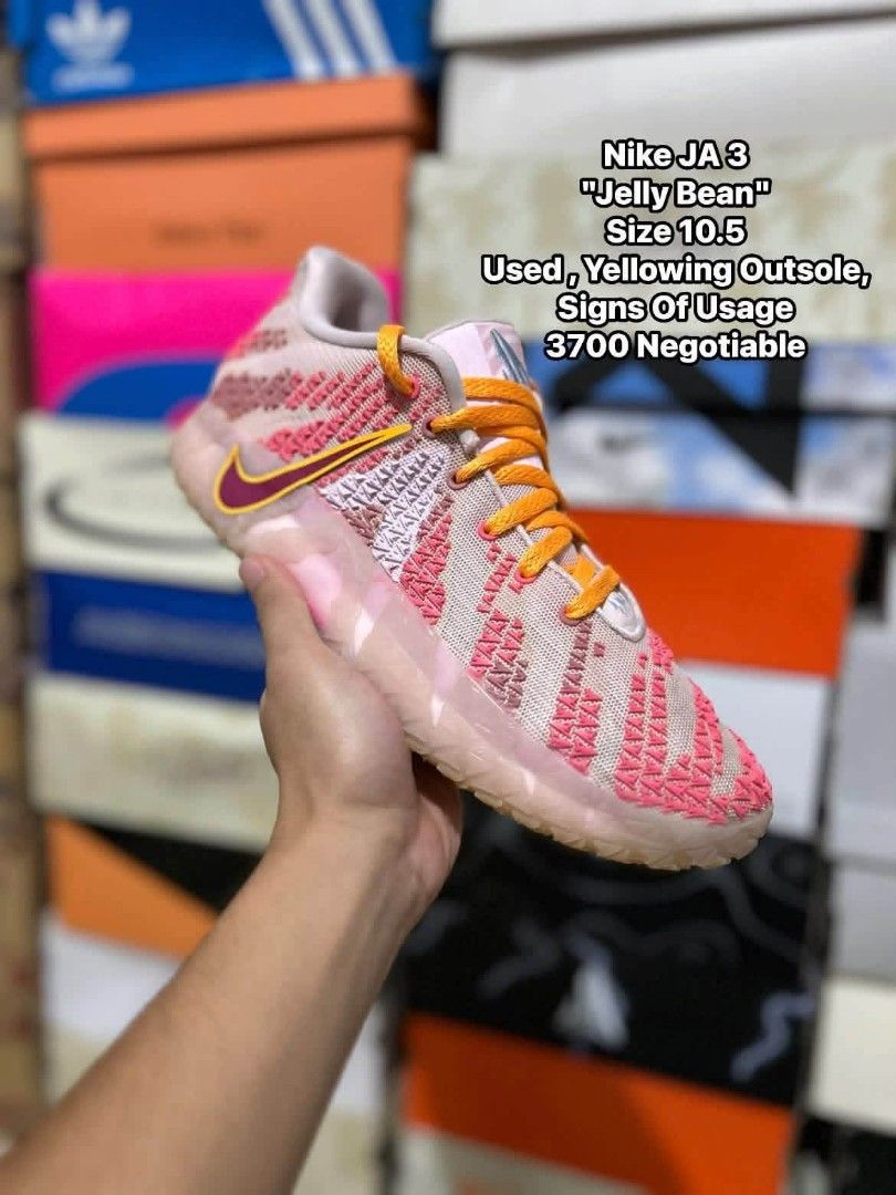 Nike JA 3 "Jelly Bean" (Category: Sneakers) located in Quezon City. Submitted by bertsonamilasolidshoes (Listing ID 1470172156, Image 1). Description: - Brand/Model: Nike JA 3 (Jelly Bean colorway) - Size: 10.5 US - Condition: Pre-owned with visible signs of usage and outsole yellowing; still solid for everyday hoops - Design: Pink & multi-colored patterned upper, orange laces, yellow and purple swoosh - Price: 3,700 PHP (slightly negotiable) - I