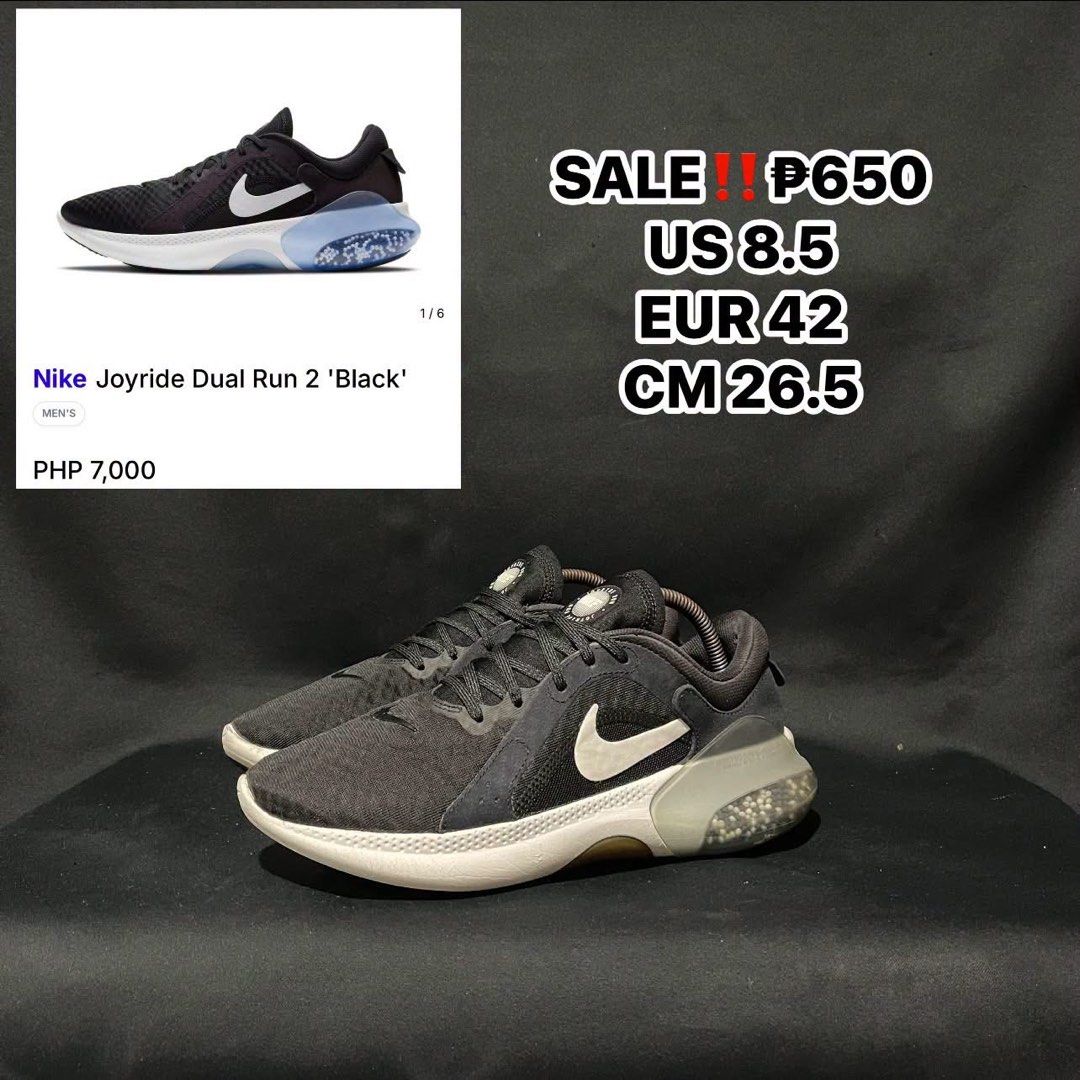 Nike Joyride Dual Run 2 Black US 8.5 (Category: Sneakers) located in Bulacan. Submitted by ogieeee (Listing ID 1470234381, Image 1). Description: - Brand: Nike - Model: Joyride Dual Run 2 - Color: Black with classic white Swoosh - Size: US 8.5 / EUR 42 / CM 26.5 - Cushioning: Signature bead-filled pods visible through translucent outsole - Upper: Lightweight mesh with supportive overlays - Condition: Worn a few times, soles show slight dirt from 