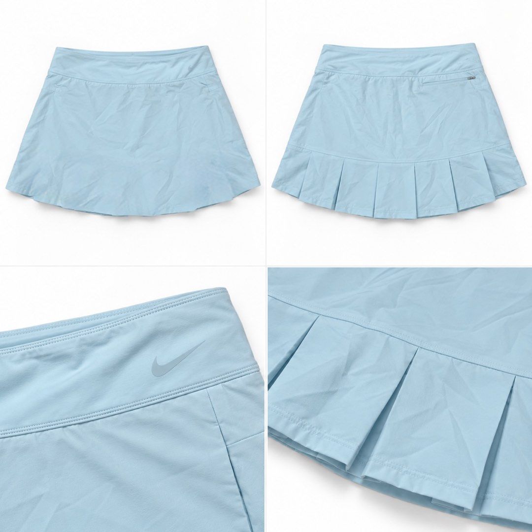 Nike Light Blue Pleated Athletic Skirt (Category: Skirts) located in Valencia. Submitted by bruuuuh (Listing ID 1470205158, Image 1). Description: - Brand: Nike - Color: Light blue with subtle tonal swoosh logo - Material: Smooth, lightweight performance fabric - Design: Athletic skirt with chic built-in pleats at the back hem - Storage: Convenient small zippered pocket on the back waist - Ideal for: Tennis, golf, running, or everyday activewear.