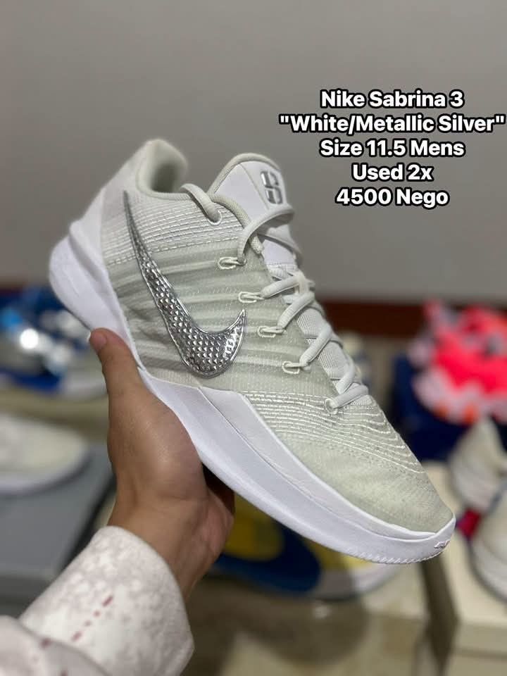 Nike Sabrina 3 White Metallic Silver Mens (Category: Sneakers) located in Quezon City. Submitted by bertsonamilasolidshoes (Listing ID 1470175700, Image 1). Description: - Item: Nike Sabrina 3 Basketball Shoes - Color: White / Metallic Silver - Size: Men's US 11.5 - Condition: Worn only twice, super clean uppers and soles with zero heavy scuffs - Features: Lightweight mesh upper and high-traction outsole - Ideal for: Reliable, high-performance co